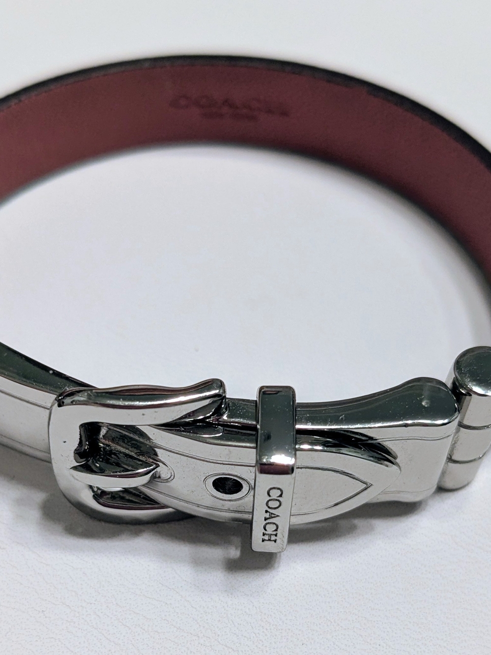 Coach Silver-Tone Buckle Bracelet with Burgundy Leather Interior